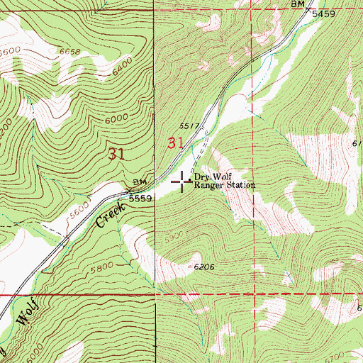 Topographic Map of Dry Wolf Ranger Station, MT