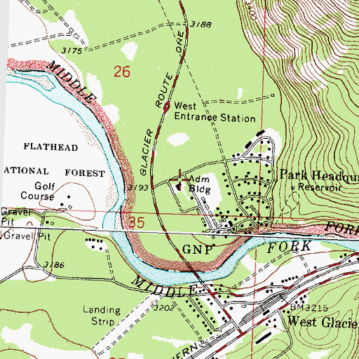 Topographic Map of Glacier National Park Headquarters, MT