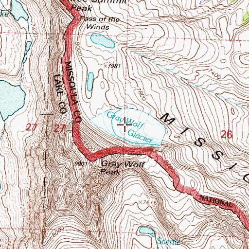 Topographic Map of Gray Wolf Glacier, MT