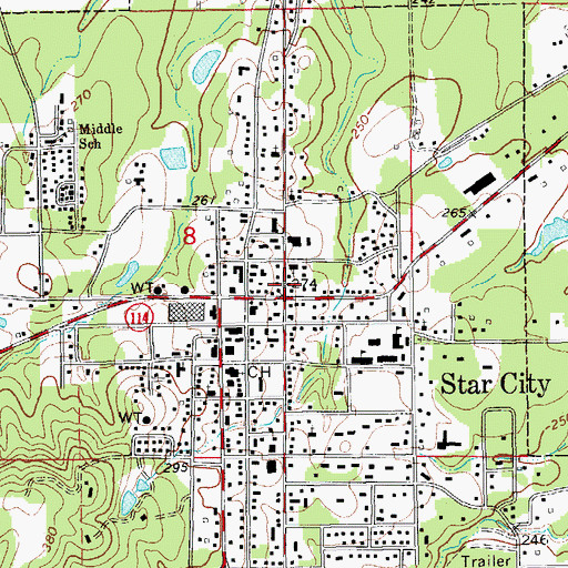Topographic Map of Star City, AR