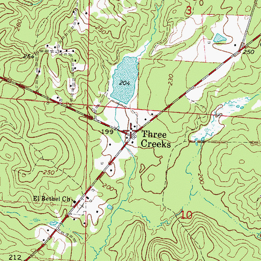 Topographic Map of Three Creeks, AR