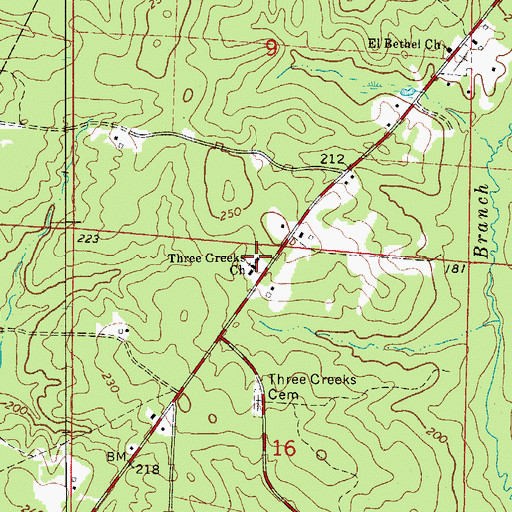 Topographic Map of Three Creeks Baptist Church, AR