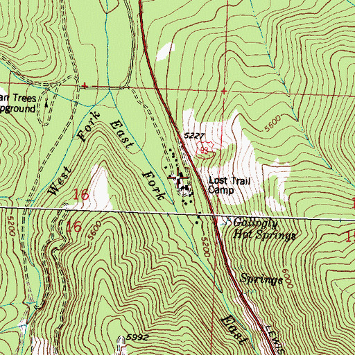 Topographic Map of Lost Trail Hot Springs Resort, MT