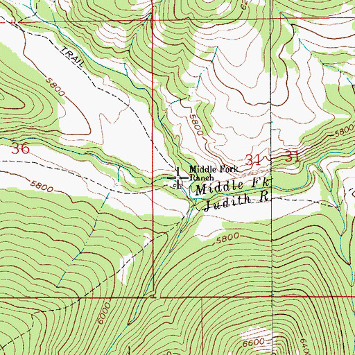 Topographic Map of Middle Fork Ranch, MT