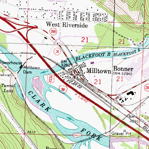 Topographic Map of Milltown, MT