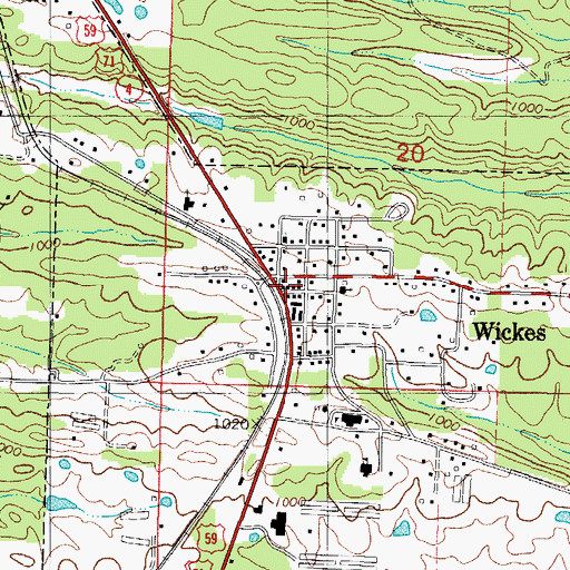 Topographic Map of Wickes, AR