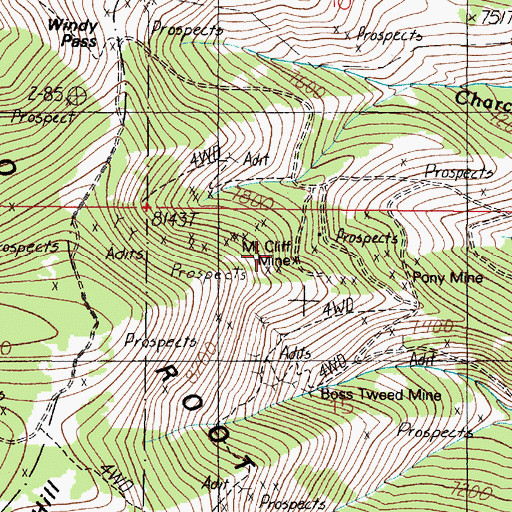 Topographic Map of Mount Cliff Mine, MT