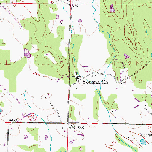 Topographic Map of Yocana Baptist Church, AR