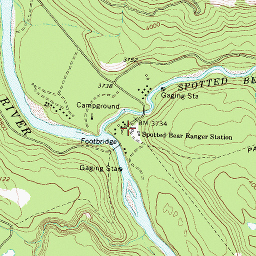 Topographic Map of Spotted Bear Ranger Station, MT