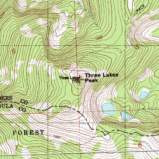 Topographic Map of Three Lakes Peak, MT