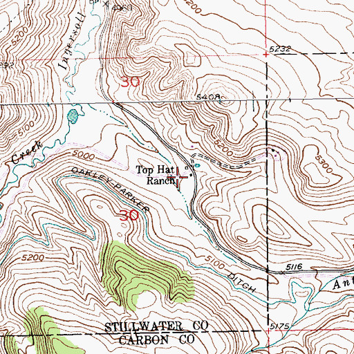 Topographic Map of Top Hat Ranch, MT