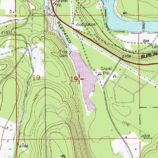 Topographic Map of Troy Dam Reservoir, MT