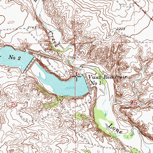 Topographic Map of Vaux Number 1 Dam, MT