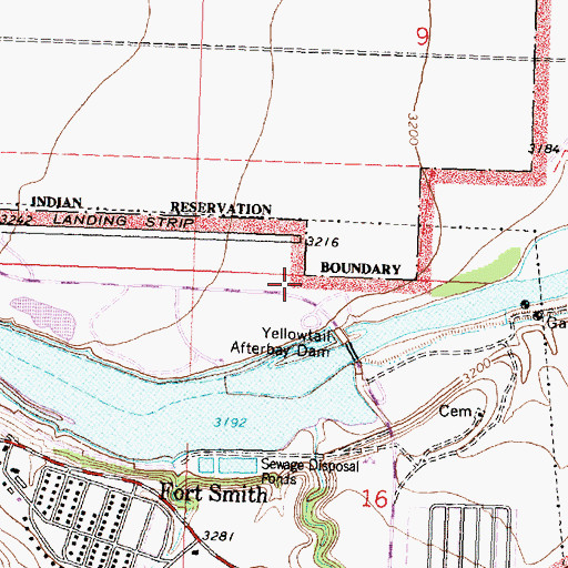 Topographic Map of Yellowtail Afterbay Dam, MT