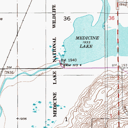 Topographic Map of Medicine Lake Refuge Number 4 Dam, MT
