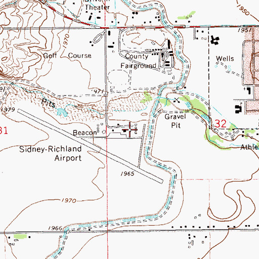 Topographic Map of Sidney-Richland Municipal Airport, MT