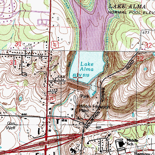 Topographic Map of Lake Alma Dam, AR