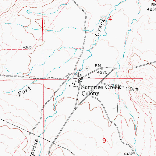 Topographic Map of Surprise Creek Colony, MT