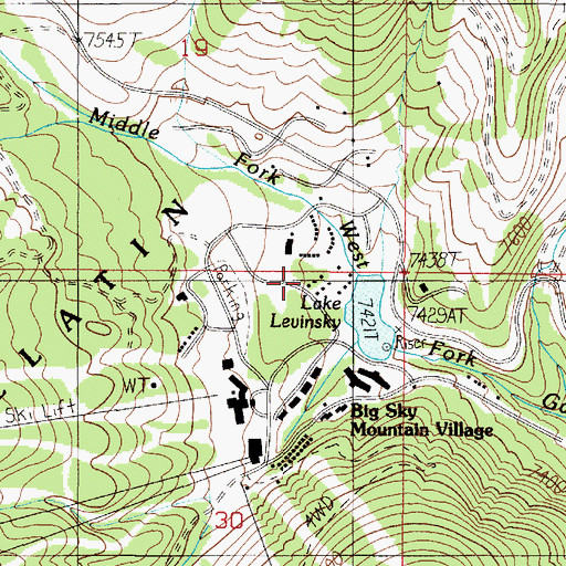 Topographic Map of Big Sky Mountain Village, MT
