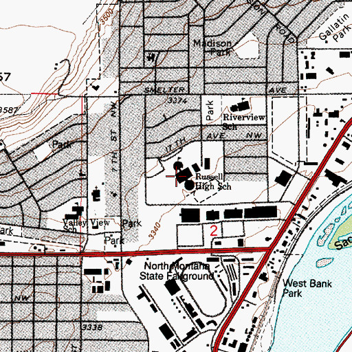 Topographic Map of C M Russell High School, MT