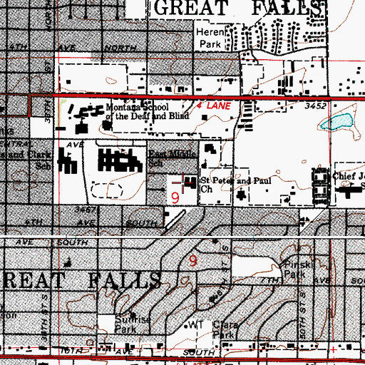 Topographic Map of Saint Peter and Paul Church, MT