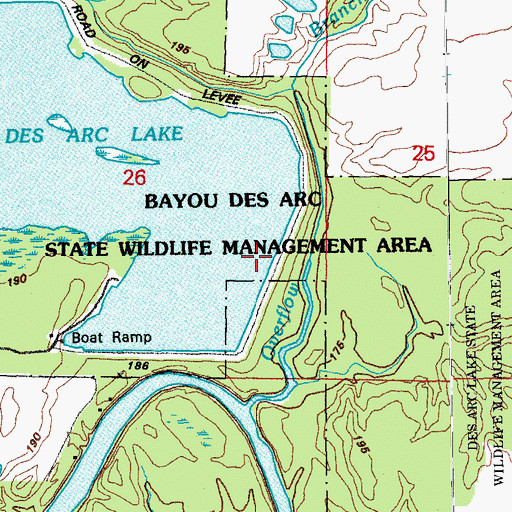 Topographic Map of Lake Des Arc Dam, AR