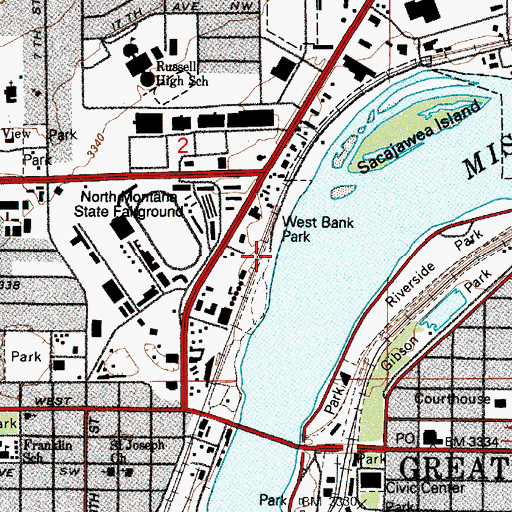 Topographic Map of West Bank Park, MT