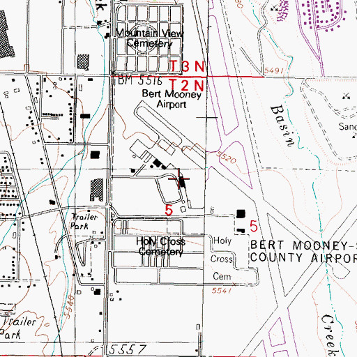 Topographic Map of Bert Mooney Airport, MT