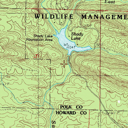 Topographic Map of Shady Lake Dam, AR