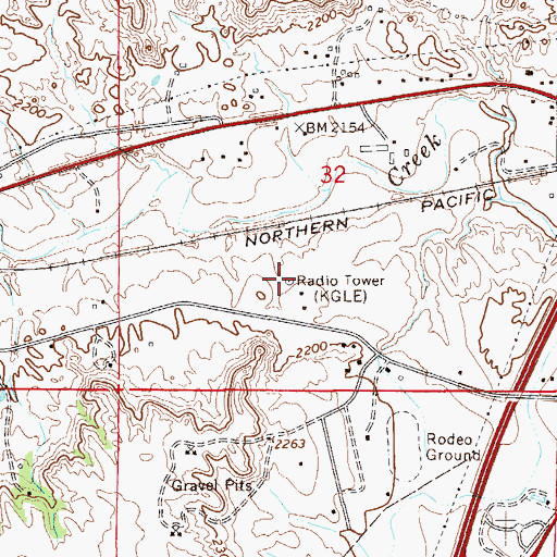 Topographic Map of KGLE-AM (Glendive), MT
