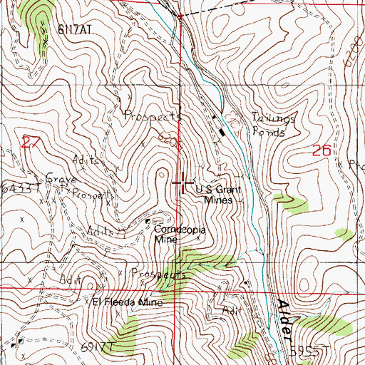 Topographic Map of United States Grant Mines, MT