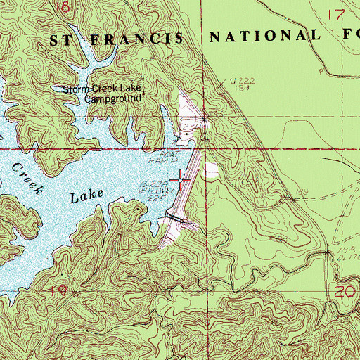 Topographic Map of Storm Creek Lake Dam, AR