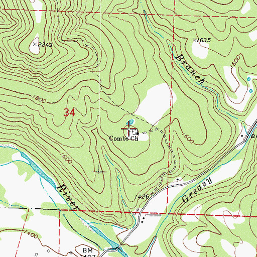 Topographic Map of Combs Cemetery, AR
