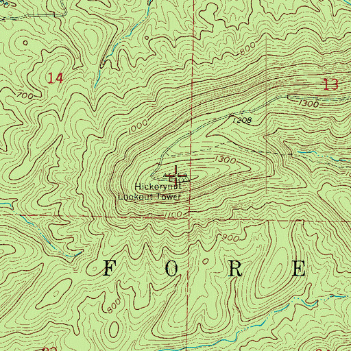 Topographic Map of Hickorynut Lookout Tower, AR