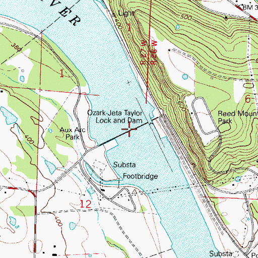 Topographic Map of Ozark-Jeta Taylor Lock and Dam, AR