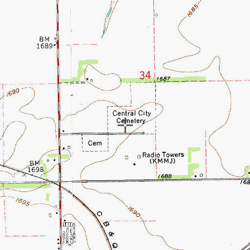 Topographic Map of Central City Cemetery, NE