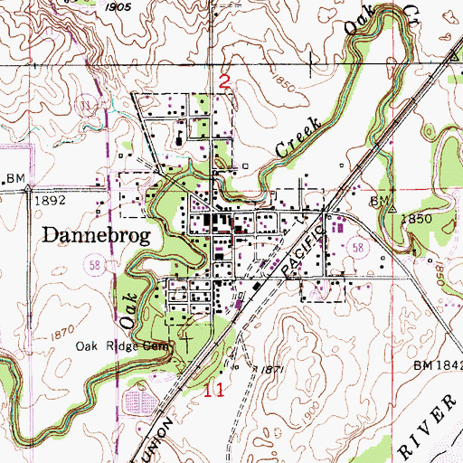 Topographic Map of Dannebrog, NE