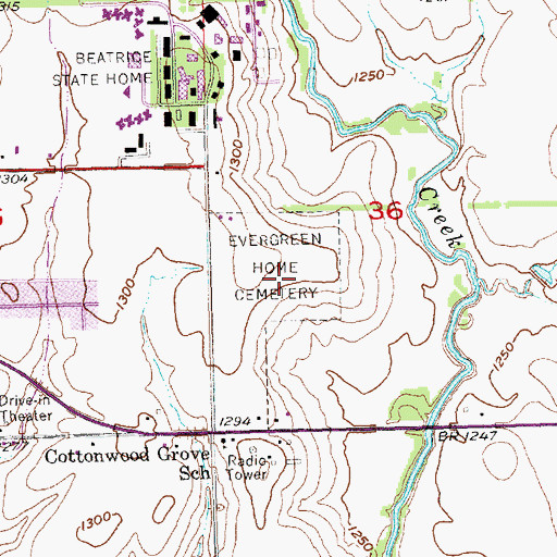 Topographic Map of Evergreen Home Cemetery, NE
