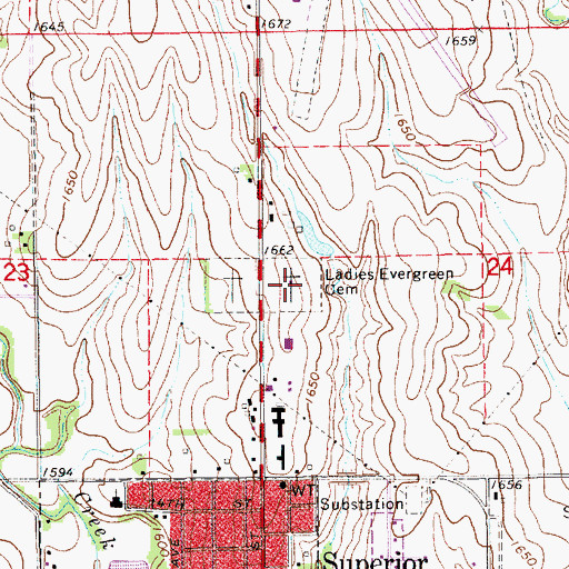 Topographic Map of Ladies Evergreen Cemetery, NE