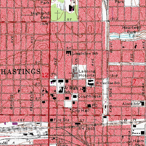 Topographic Map of Mary Lanning Memorial Hospital, NE