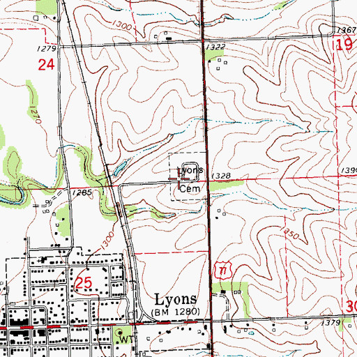 Topographic Map of Lyons Cemetery, NE