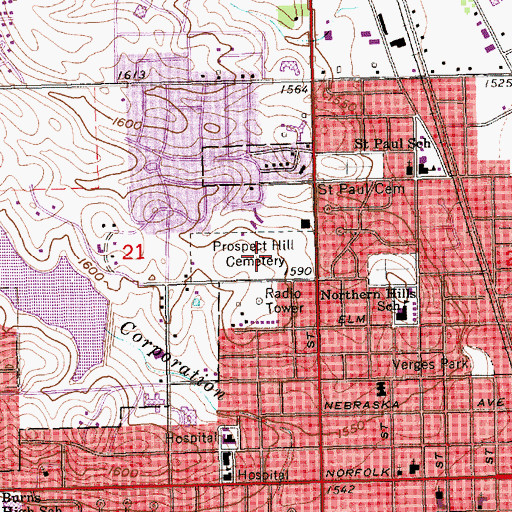 Topographic Map of Prospect Hill Cemetery, NE