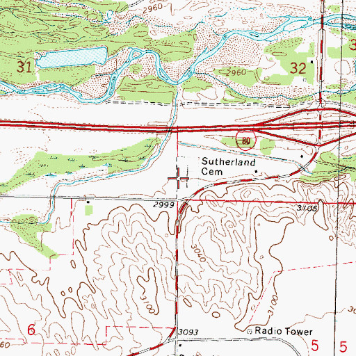 Topographic Map of Sutherland Cemetery, NE