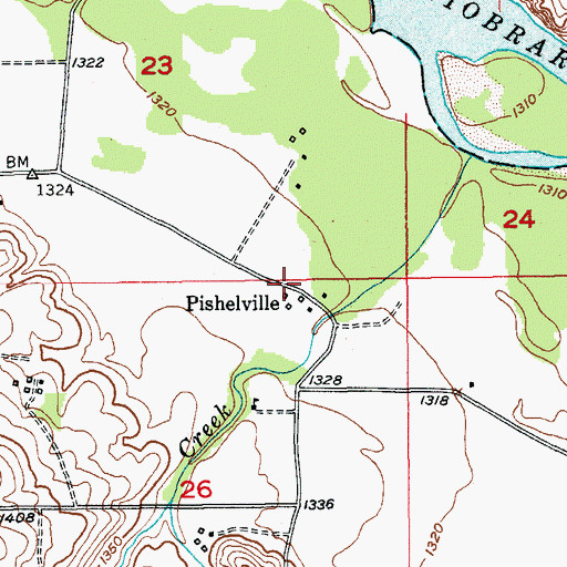Topographic Map of Pishelville, NE