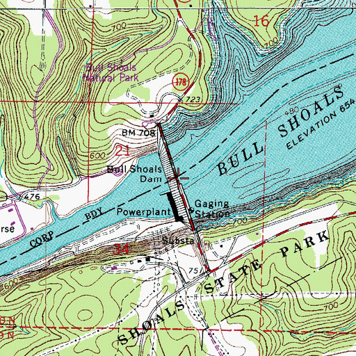 Topographic Map of Bull Shoals Dam, AR