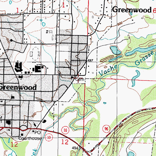Topographic Map of Greenwood Cemetery, AR