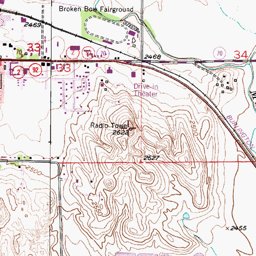 Topographic Map of KBBN-FM (Broken Bow), NE