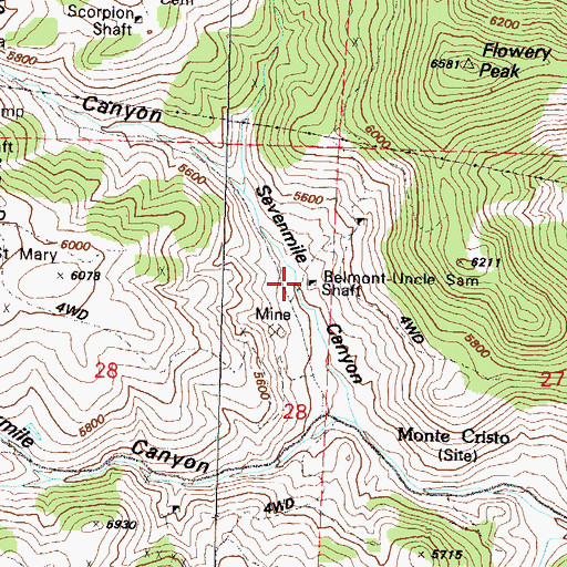 Topographic Map of Belmont-Uncle Sam Shaft, NV