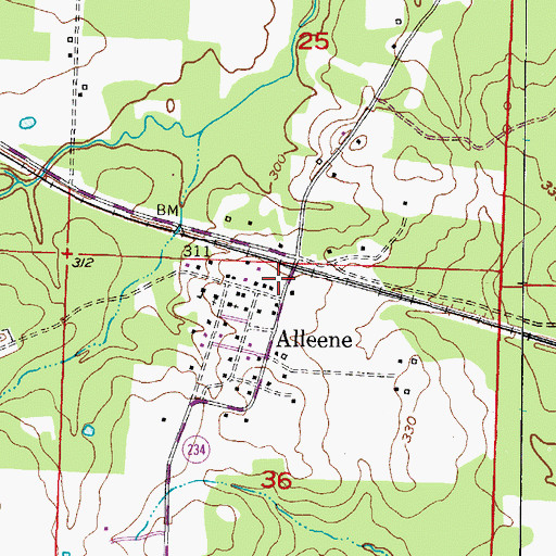 Topographic Map of Alleene Post Office, AR