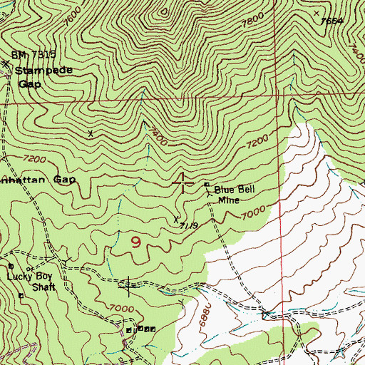 Topographic Map of Blue Bell Mine, NV